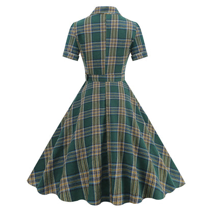 Women's 1950s Plaid Lapel Collar Swing Dress