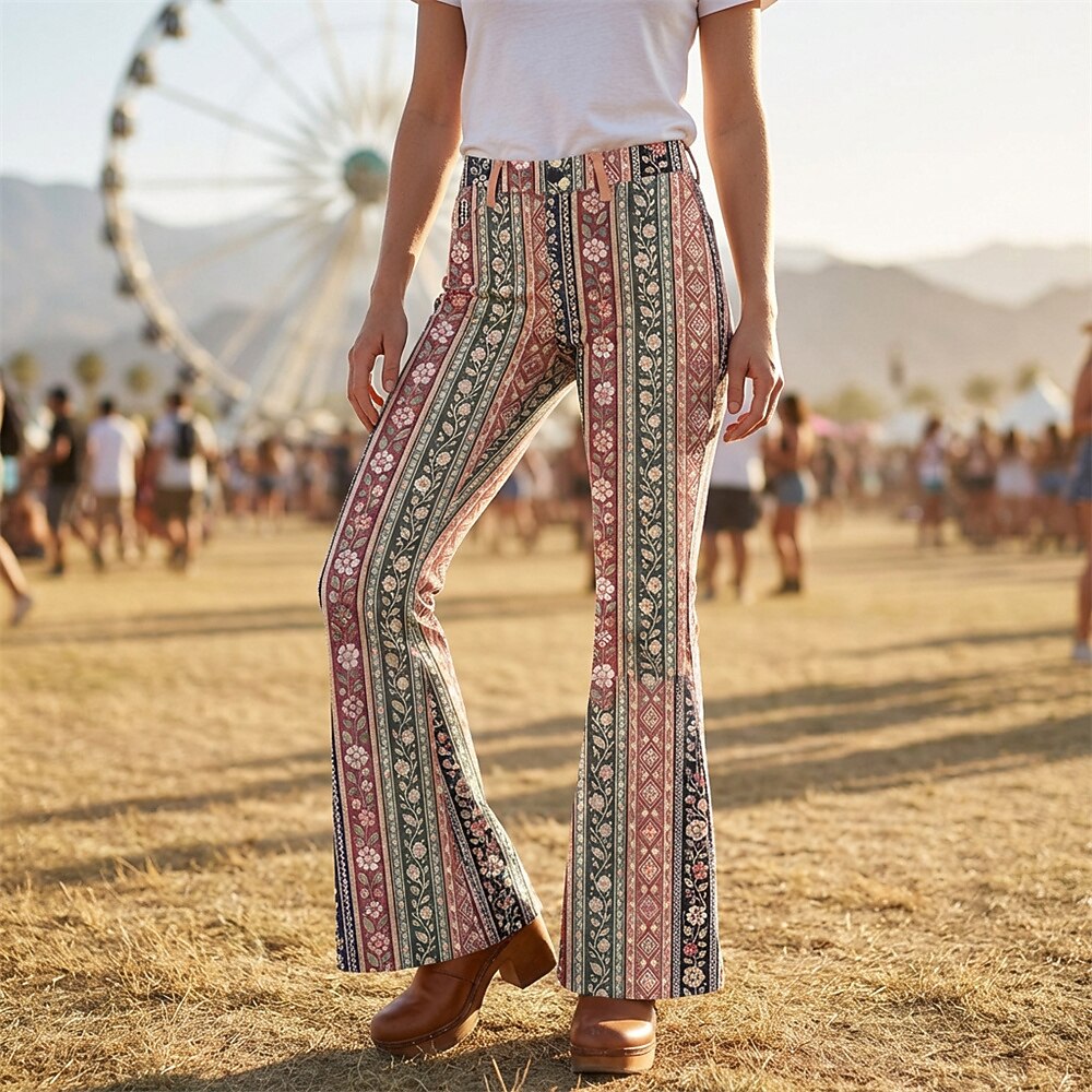 Retro 70s Striped Floral High Waist Wide Flared Trousers