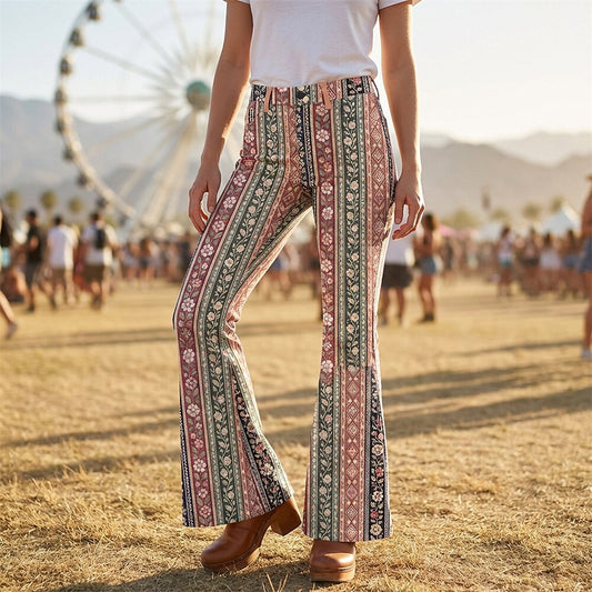 Retro 70s Striped Floral High Waist Wide Flared Trousers