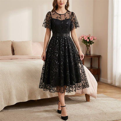 Embroidered Flutter Sleeve Midi Dress