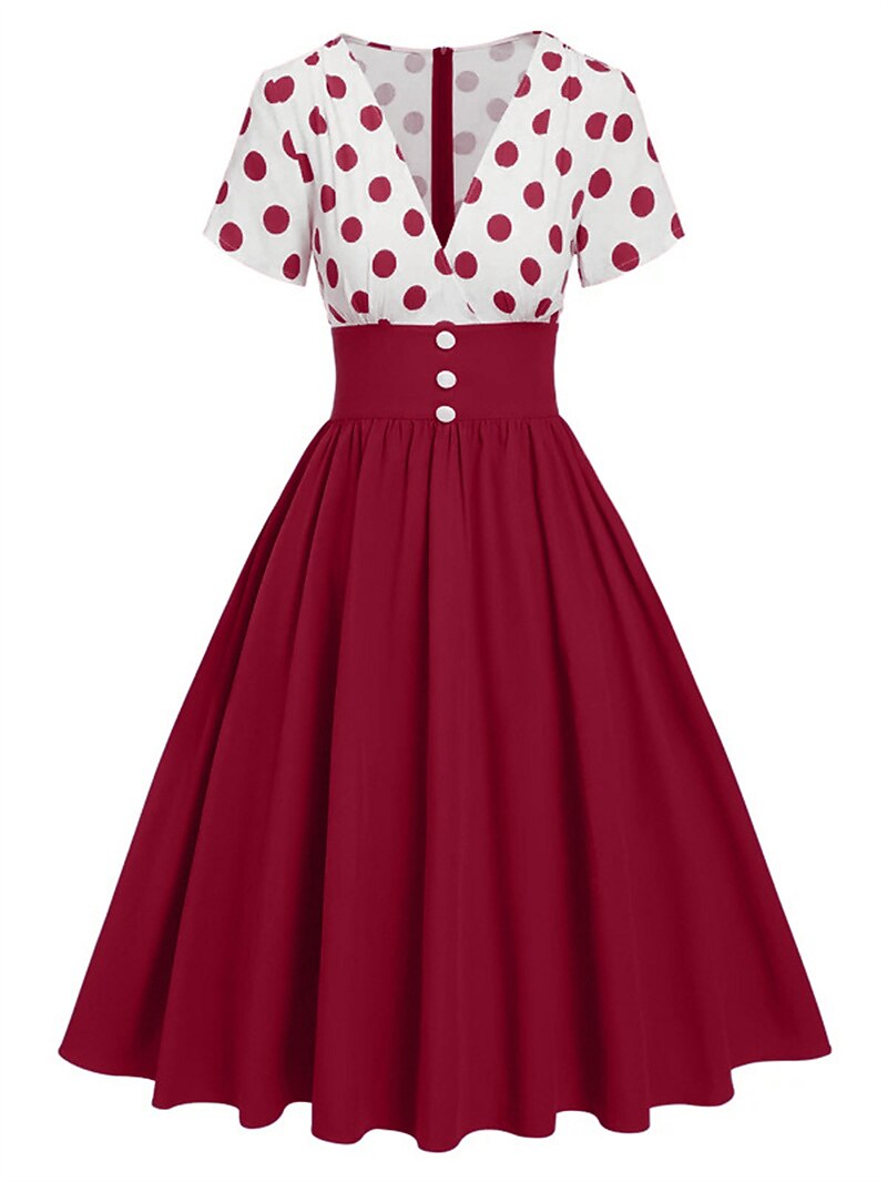 Women's 1950s Polka Dot V-Neck High Waist Swing Dress