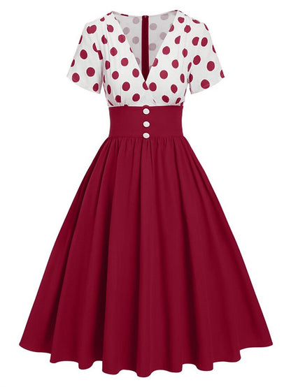 Women's 1950s Polka Dot V-Neck High Waist Swing Dress