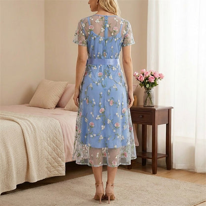 Floral Embroidered Mesh Midi Dress