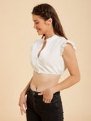 White V-Neck Dirndl Blouse with Lace Flutter Sleeves