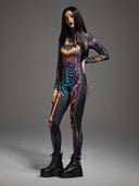 Leotard da donna di Halloween con scheletro e zucca di Halloween neon