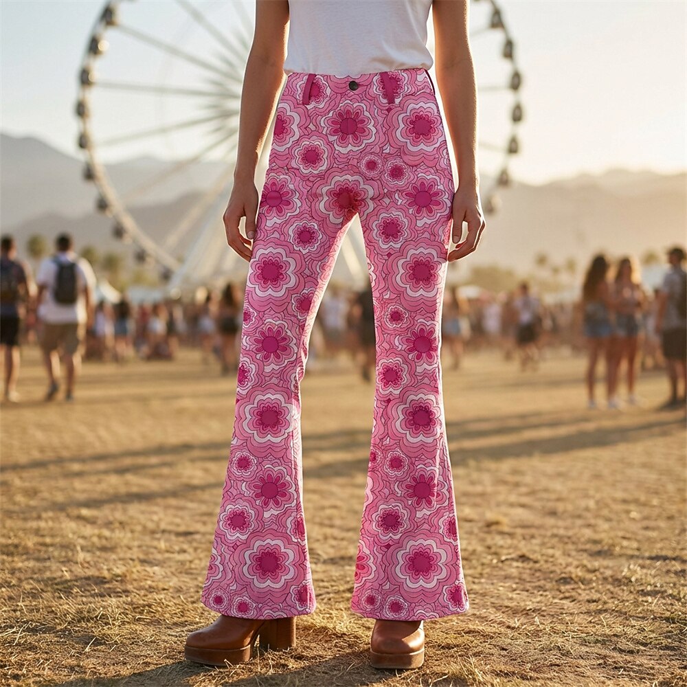Retro 70s Geometric Floral High Waist Wide Flared Trousers