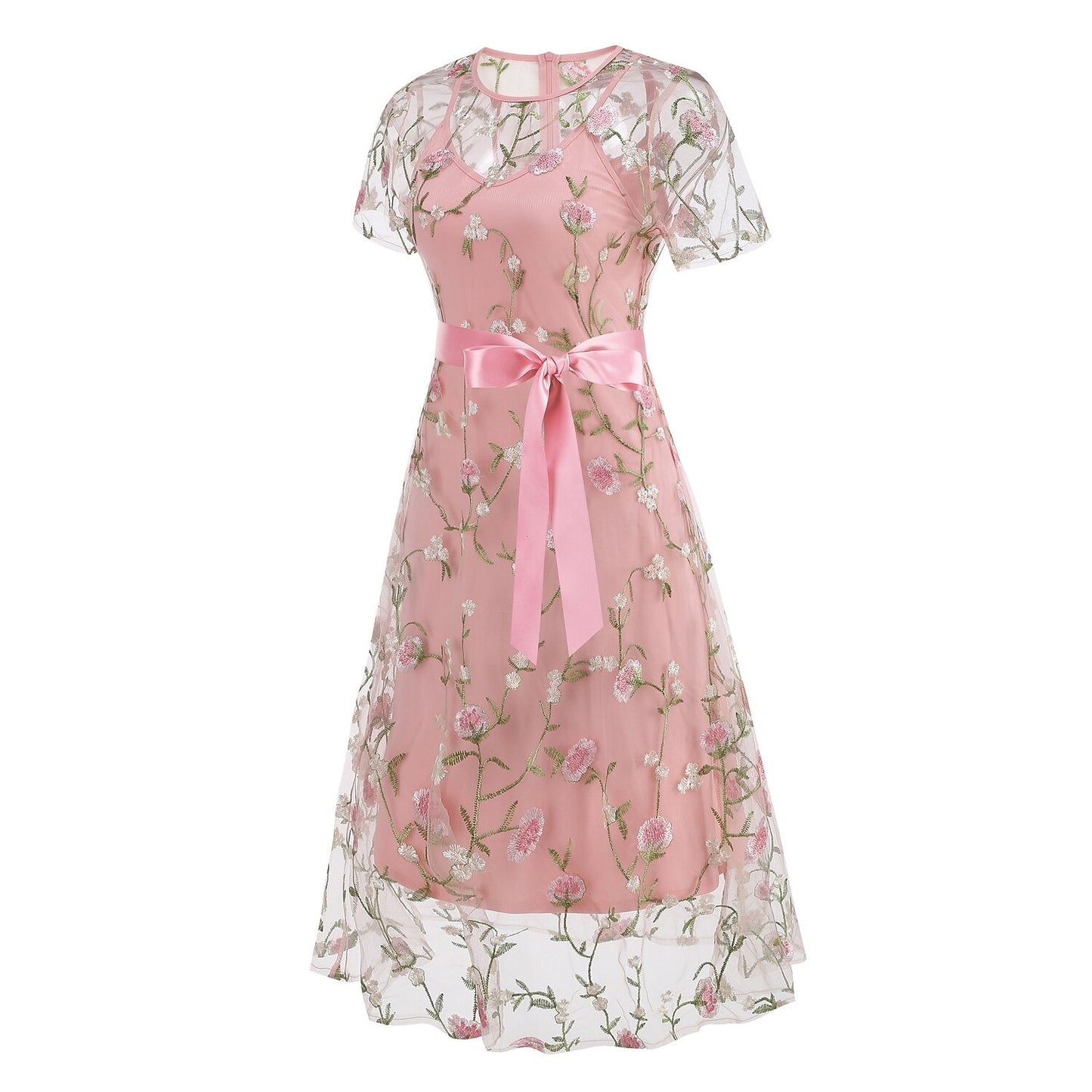 Floral Embroidered Mesh Midi Dress