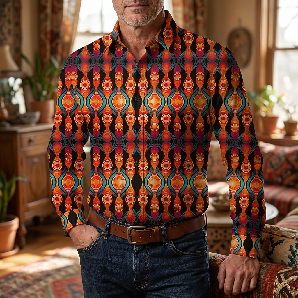 Retro 70S Abstract Geometric Teardrop Long Sleeves Collar Shirt