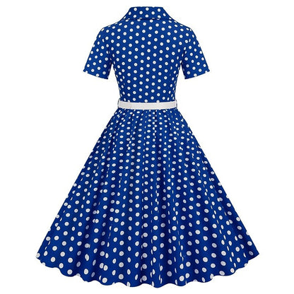 Women's 1950s Polka Dot Lapel Collar Swing Shirt Dress