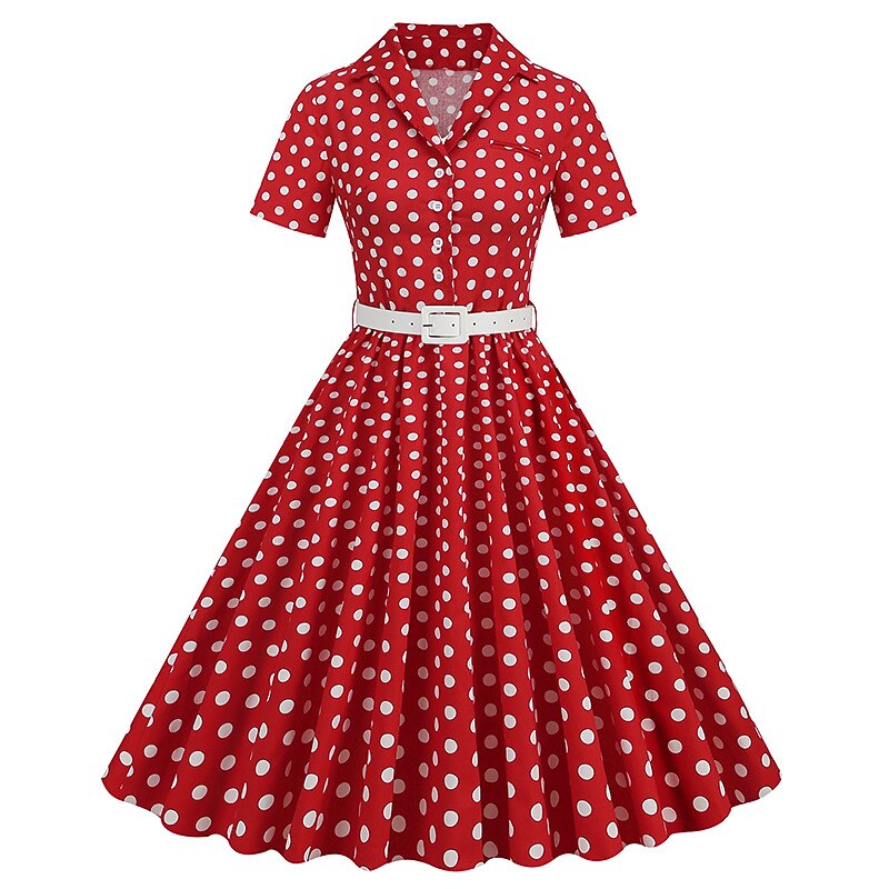 Women's 1950s Polka Dot Lapel Collar Swing Shirt Dress