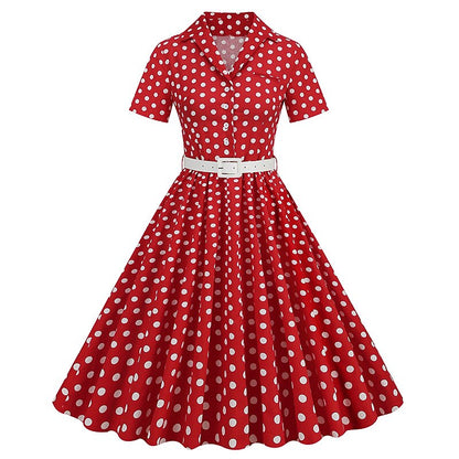 Women's 1950s Polka Dot Lapel Collar Swing Shirt Dress