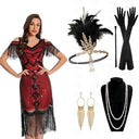 Vestido flapper con ribete de flecos y lentejuelas con set de accesorios