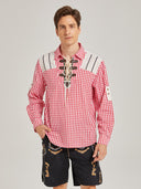 Men’s Oktoberfest Trachten Shirt Red Gingham Check Lace-Up Front