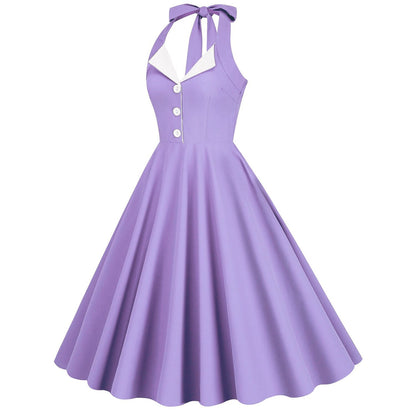 Women's 1950s Purple Halter Neck Swing Dress