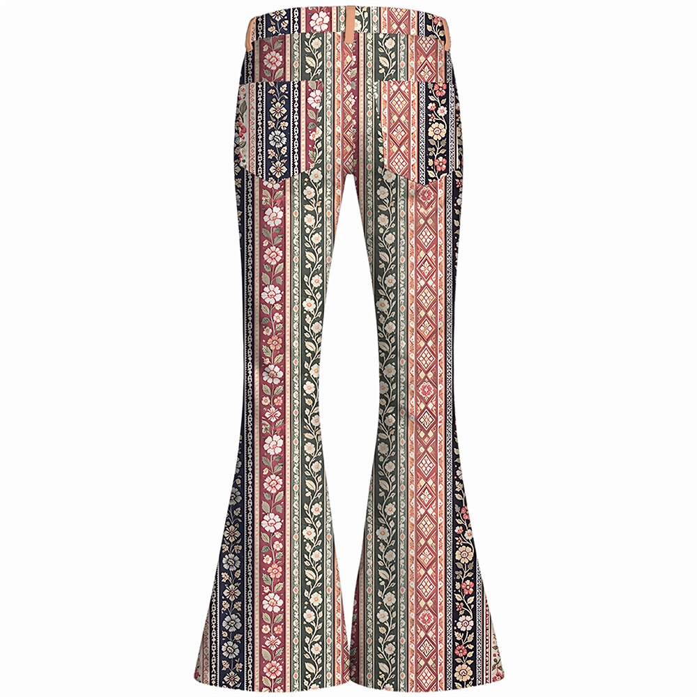 Retro 70s Striped Floral High Waist Wide Flared Trousers