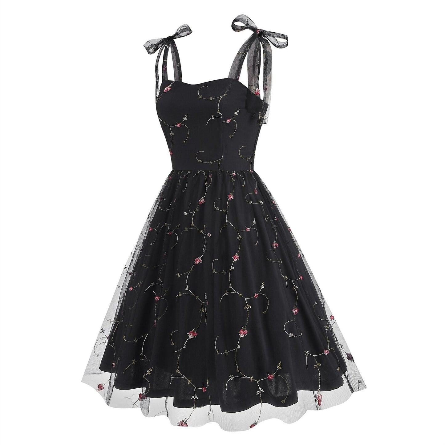 Embroidered Tie Strap Midi Dress