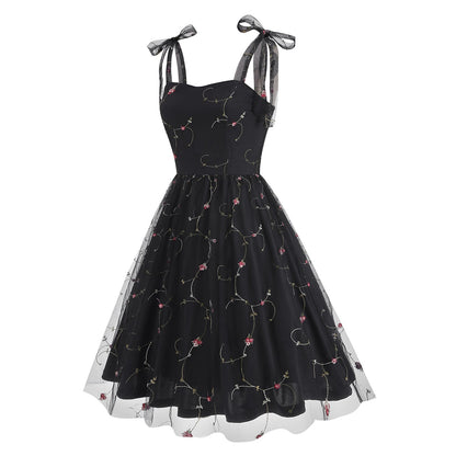 Embroidered Tie Strap Midi Dress