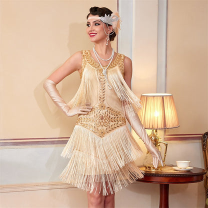 Gold Beaded Flapper Dress with Elegant Detailing