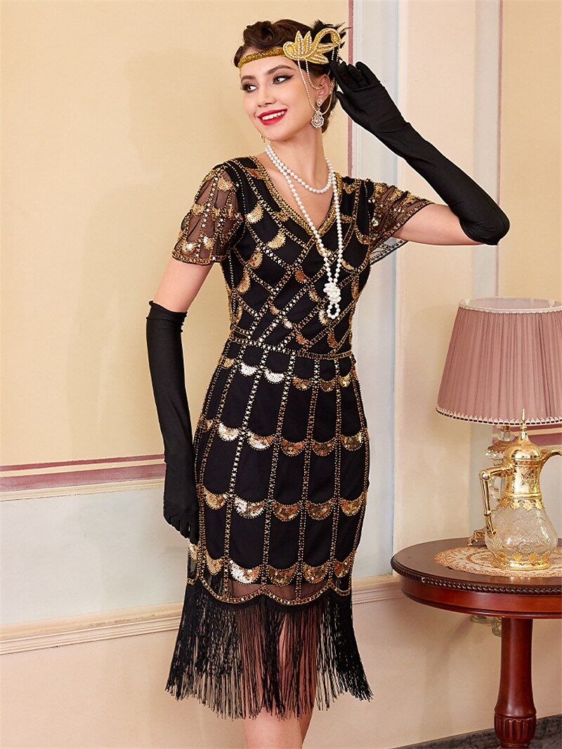 Black Sequin Pattern Flapper Dress