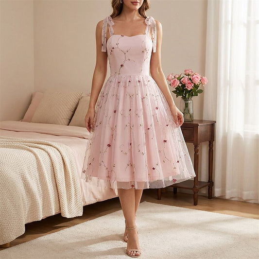 Embroidered Tie Strap Midi Dress