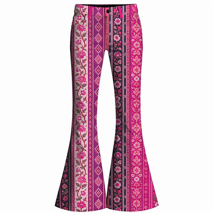 Retro 70s Ethnic Floral Striped High Waist Wide Flared Trousers