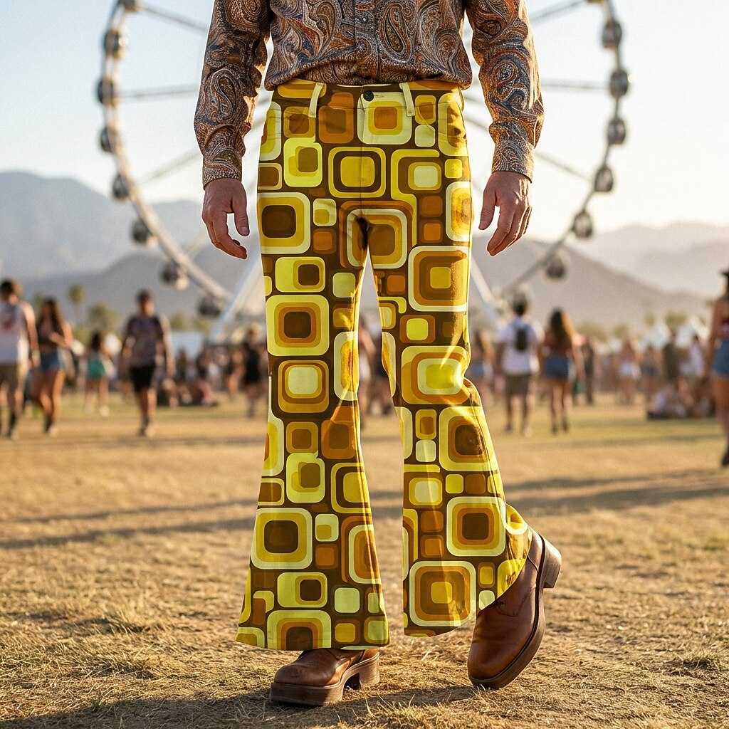 Retro 70s Geometric Square High Waist Wide Flared Trousers