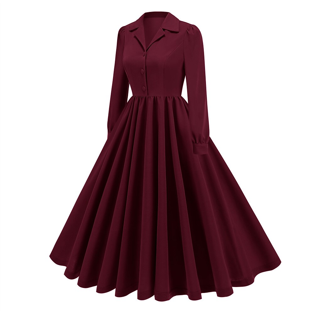Women's 1950s Solid Color Lapel Collar Long Sleeve Flare Dress