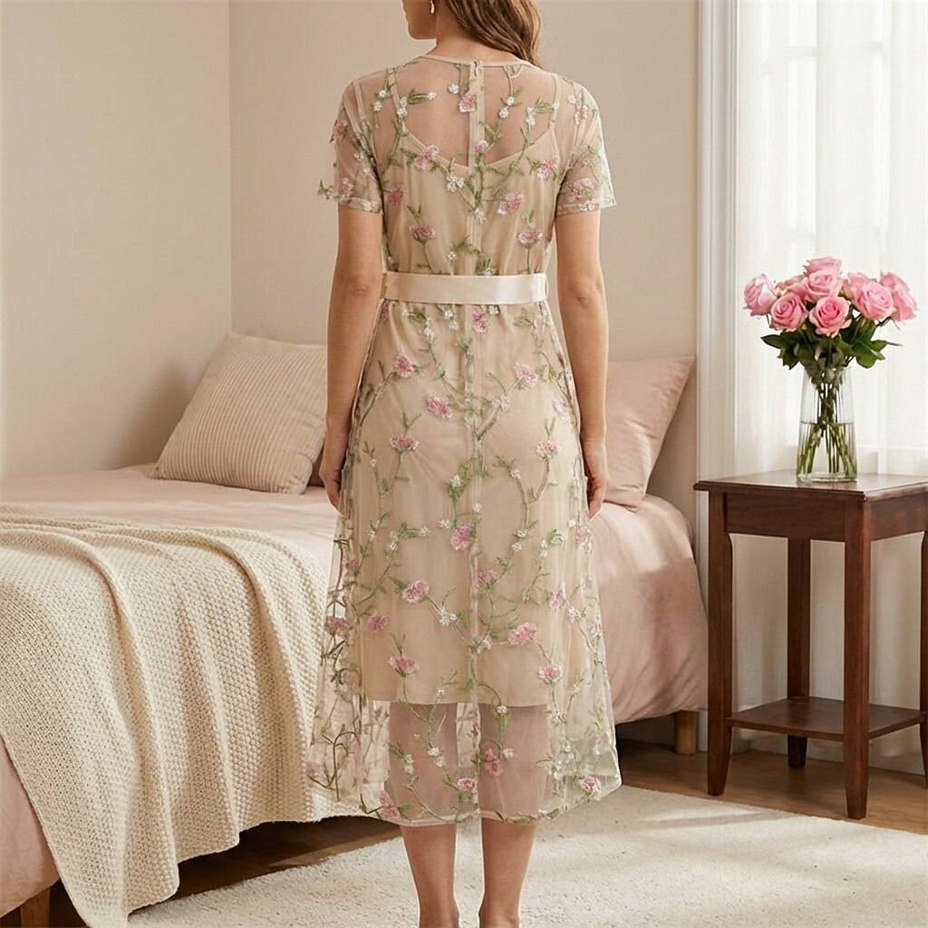 Floral Embroidered Mesh Midi Dress