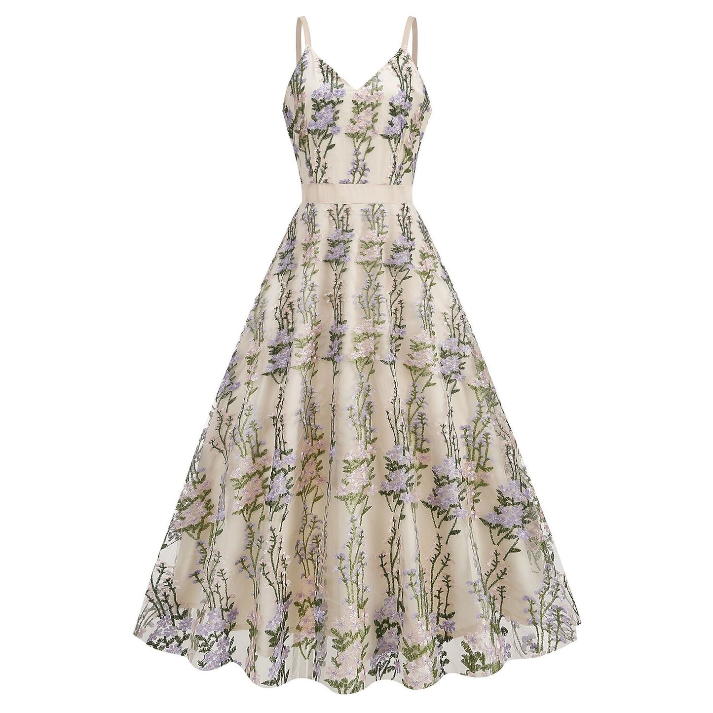 Floral Embroidered V-Neck Midi Dress