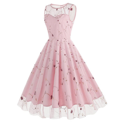 Embroidered Floral Tulle Midi Dress