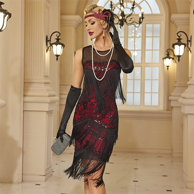 Red Sequins Layered Fringe Flapper Dresses