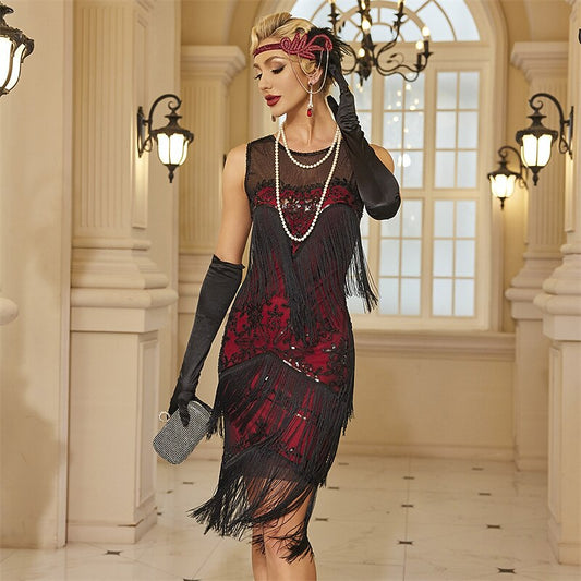 Red Sequins Layered Fringe Flapper Dresses