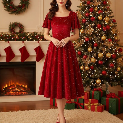 Red Sparkling Xmas A-Line Dress