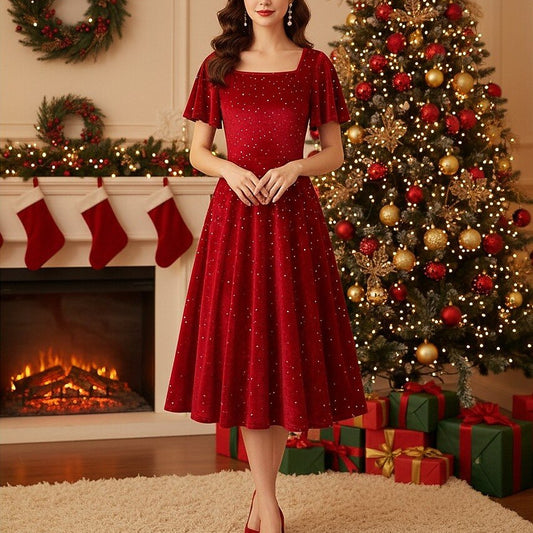 Red Sparkling Xmas A-Line Dress