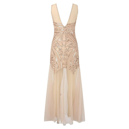 Sheer V-neck Beaded Evening Gown