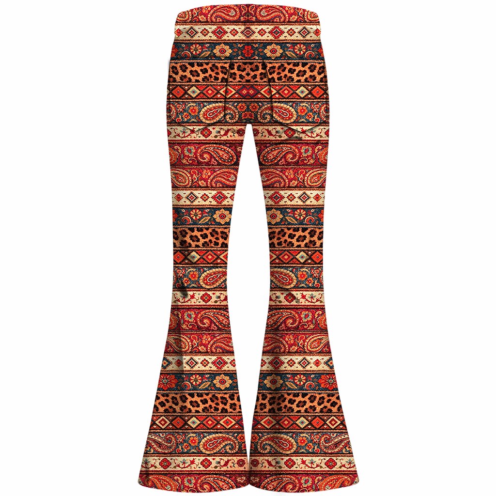 Retro 70s Boho Paisley Geometric High Waist Wide Flared Trousers