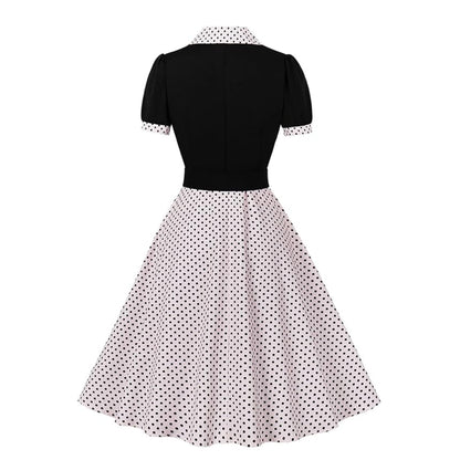 Women's 1950s Polka Dot Patchwork Lapel Collar Belted A-Line Rockabilly Dress