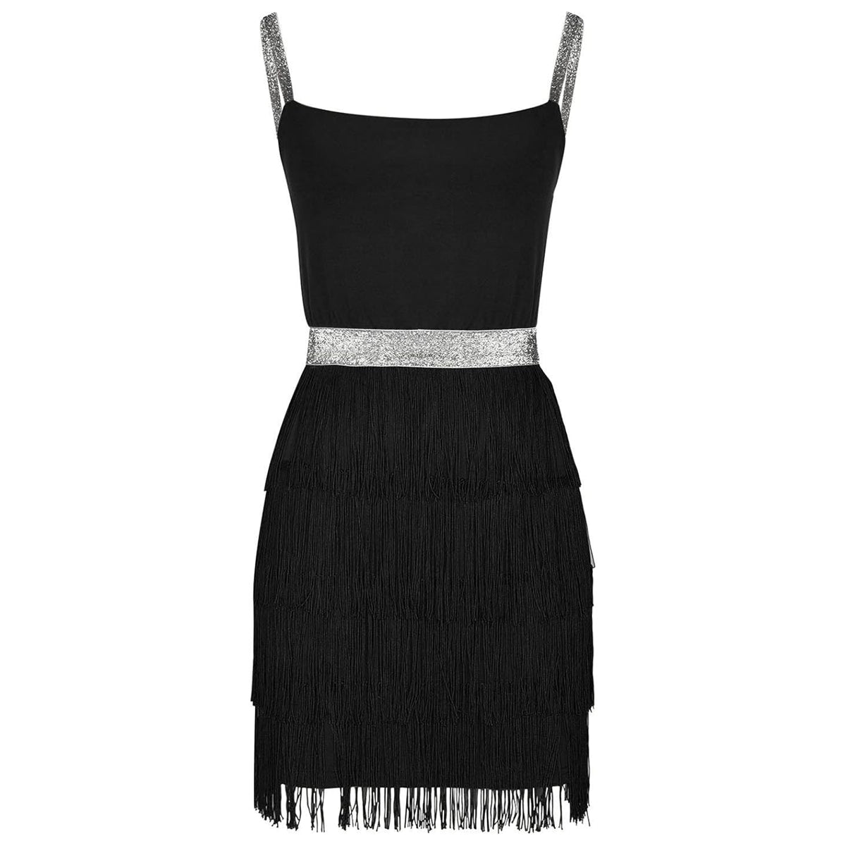 Glitter Strap Tiered Fringe Mini Dress