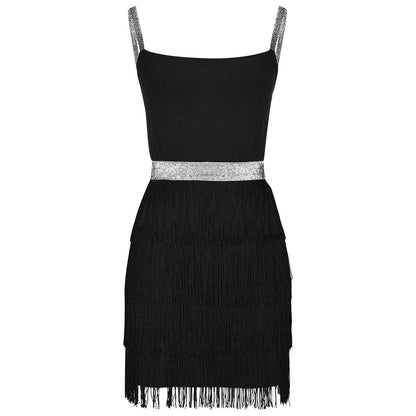 Glitter Strap Tiered Fringe Mini Dress