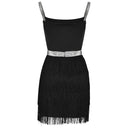 Mini vestido con tirantes brillantes y flecos en capas