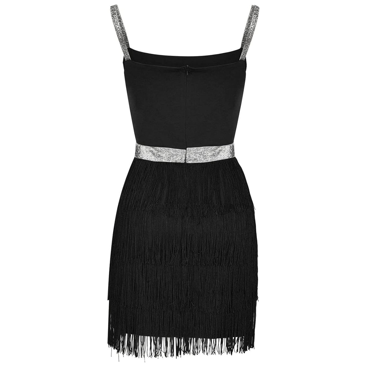 Glitter Strap Tiered Fringe Mini Dress
