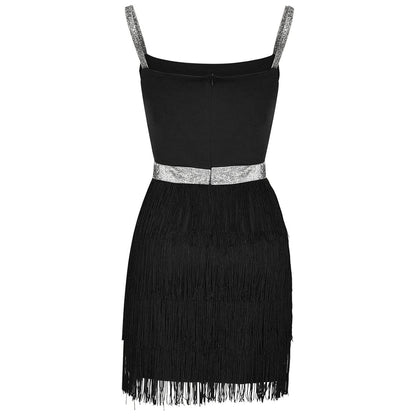 Glitter Strap Tiered Fringe Mini Dress