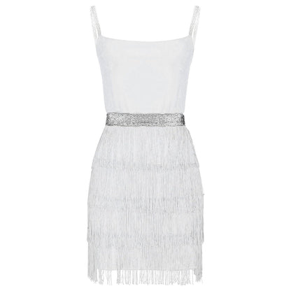 Glitter Strap Tiered Fringe Mini Dress