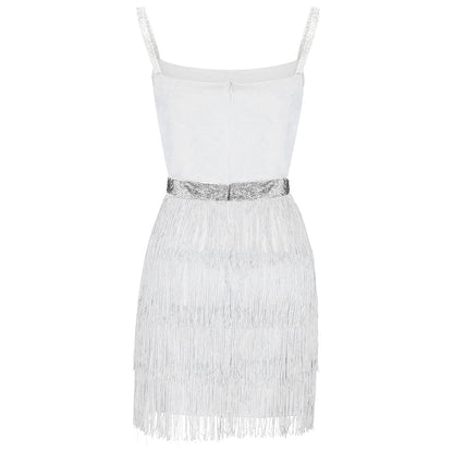 Glitter Strap Tiered Fringe Mini Dress