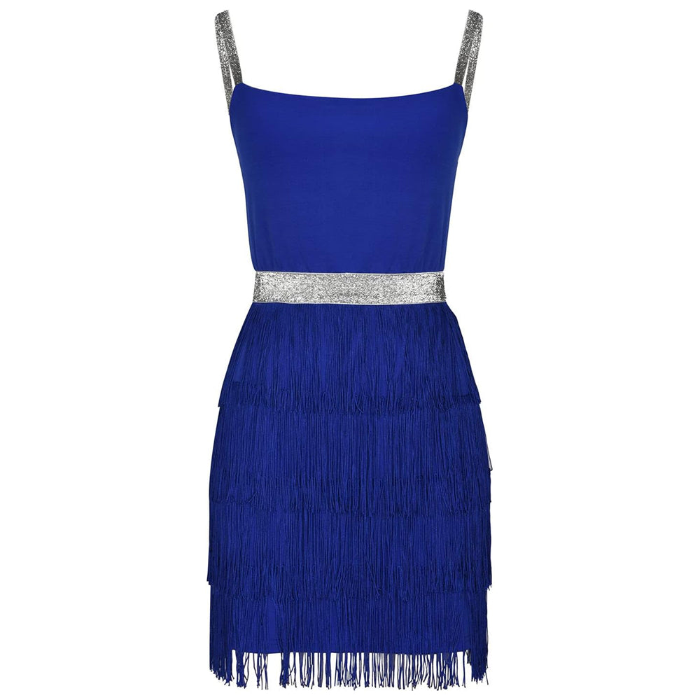 Glitter Strap Tiered Fringe Mini Dress