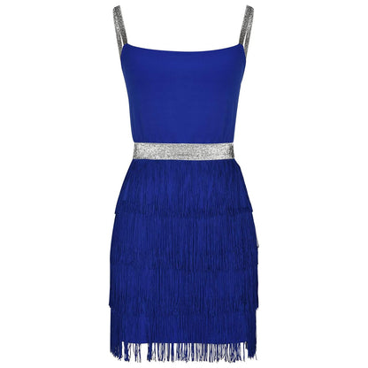 Glitter Strap Tiered Fringe Mini Dress