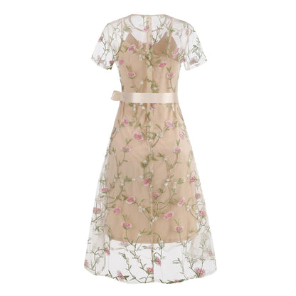 Floral Embroidered Mesh Midi Dress