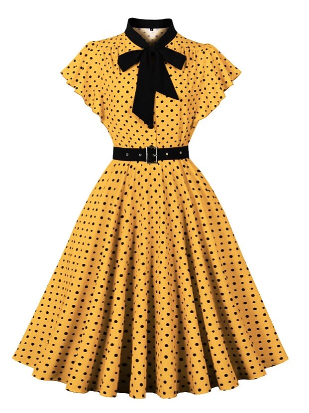 Women's 1950s Polka Dot Bow Tie Neck Short Sleeve A-Line Rockabilly Dress