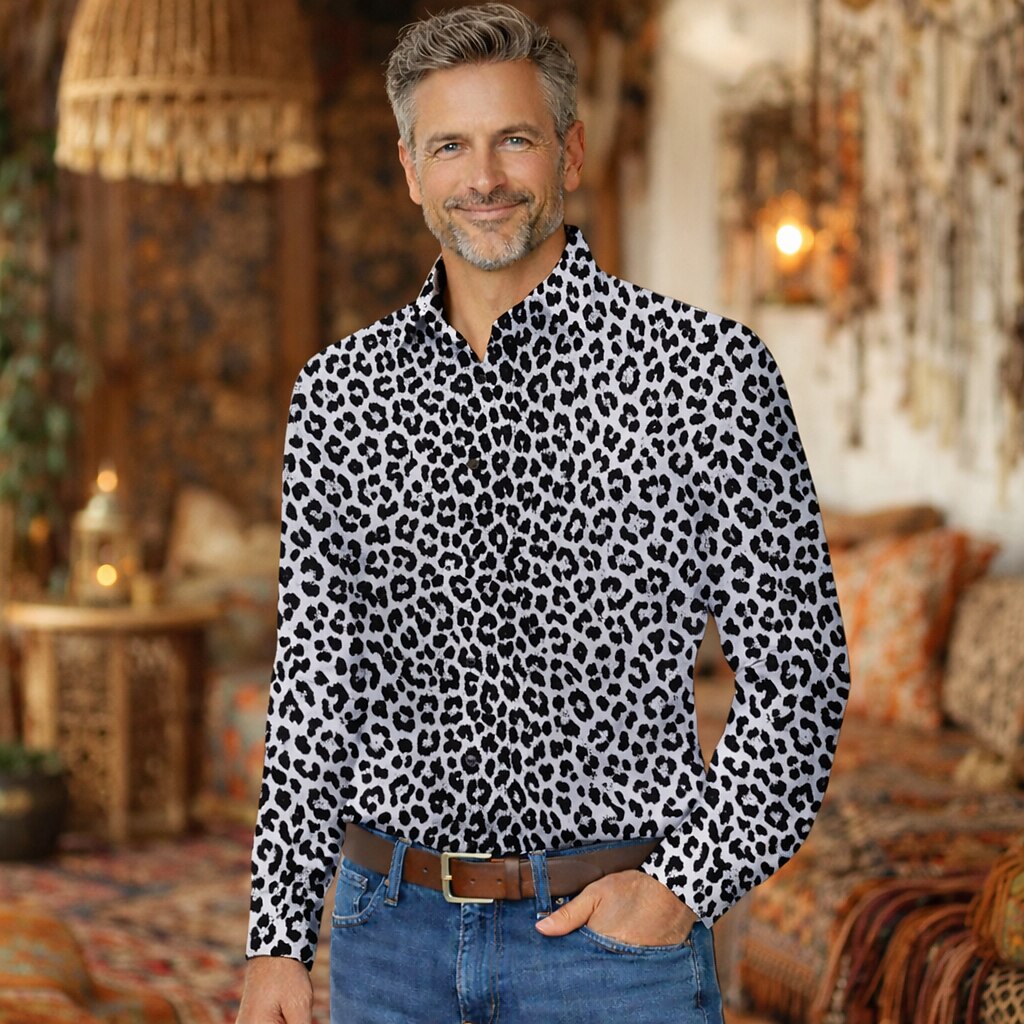 Retro 70S Leopard Long Sleeves Collar Shirt in Gray