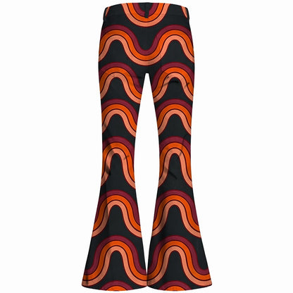Retro 70s Wavy Orange-Red High Waist Wide Flared Trousers